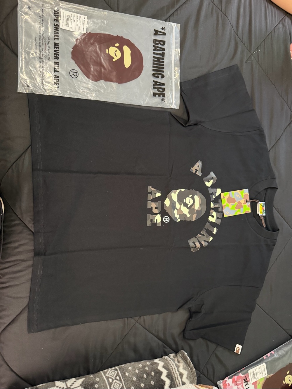 Bape Kids Black Tee with Green & Brown Camo Ape Logo
